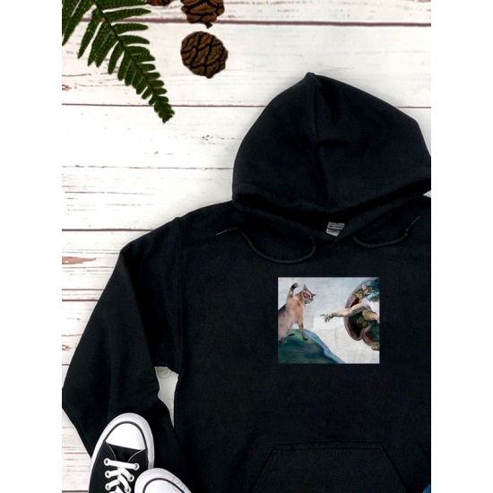 Худи с принтом "Сотворение Адама" оверсайз черное. Худи с котом и прикольным рисунком в стиле кэжуал y2k для молодежи.