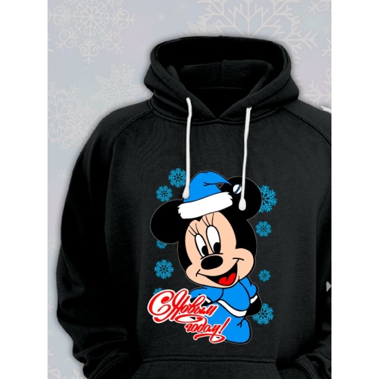 Худи парное для двоих влюбленных на свадьбу " С Новым годом " черное женское. Худи с принтом Микки Маус для пар и для молодоженов.