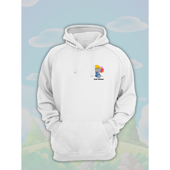 Худи парное для влюбленных с прикольной надписью "Мышь поменьше" белое женское. Худи с принтом Том и Джерри для пар и молодоженов кэжуал.