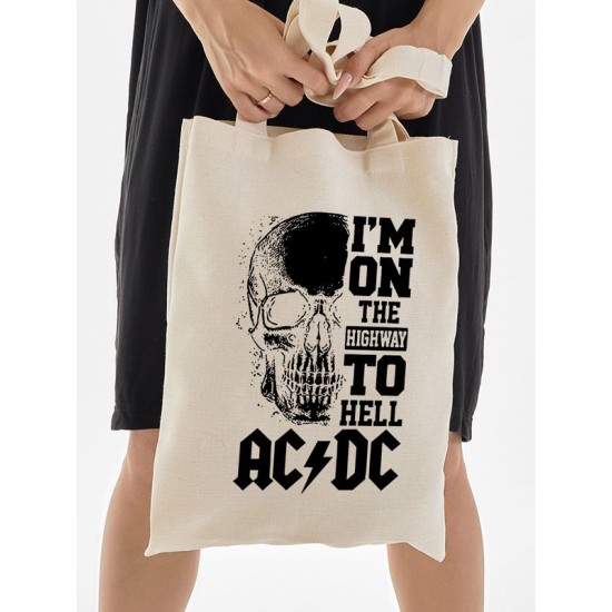 Шоппер AC DC ACDC асдс ас дс im on the highway to hell с принтом рок эйсидиси rock music merch бежевый, стритстайл рокерская сумка для шопинга и покупок тканевая женская и мужская андеграунд кэжуал.