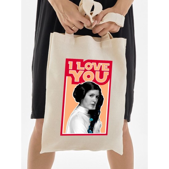 Шоппер с принтом Принцесса Лея из Star wars и надписью I love you на День Валентина бежевый. Шоппер из ткани с картинкой Звездные войны в стиле y2k.