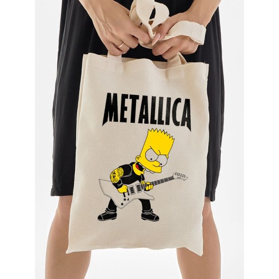 Шоппер Металлика и Барт Симпсон Simpsons Metallica с принтом металика рок мерч rock симпсоны прикол Bart Simpson симсоны бежевый, рокерская сумка для шопинга и покупок тканевая женская мужская кэжуал.
