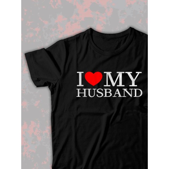 Парная футболка для двоих влюбленных на свадьбу "I love my husband" черная женская. Футболка с принтом "Я люблю своего мужа" для пар и для молодоженов.