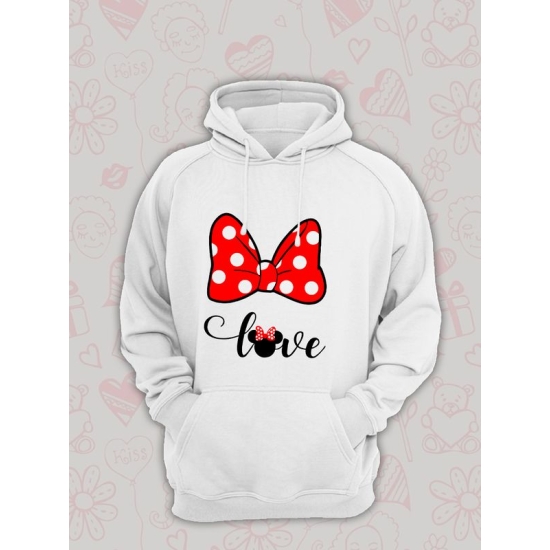 Худи парное для двоих влюбленных на свадьбу с Минни Маус белое женское. Худи с принтом "Love, любовь" с Minnie Mouse для пар и для молодоженов.
