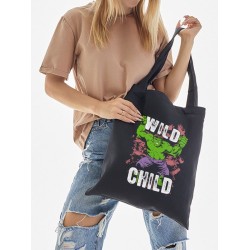 Сумка шоппер с героем Халк и прикольной надписью wild child. Детский шоппер с принтом Hulk из Marvel comics для мальчика и девочки. Тканевая сумка подростковая для шопинга с длинными ручками.