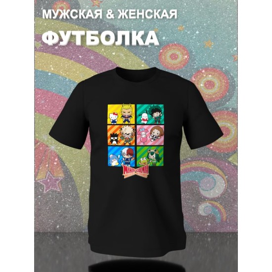 Футболка моя геройская академия аниме hello kitty с принтом my hero academia boku no hero academia бакуго мидория тодороки персонажи kawaii anime, черная женская мужская прикольная одежда кэжуал y2k.