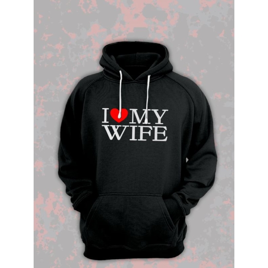 Худи парное для двоих влюбленных на свадьбу "I love my wife" черное мужское. Худи с принтом "Я люблю свою жену" для пар и для молодоженов.
