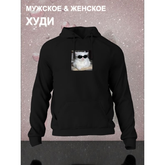 Худи с принтом Кот в очках оверсайз черное. Худи унисекс с прикольным рисунком в стиле кэжуал.