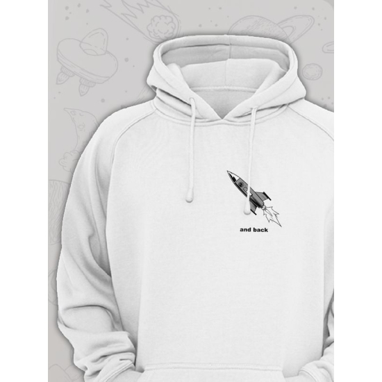 Худи парное для влюбленных на День святого Валентина с прикольной надписью "To the moon and back" белое мужское. Худи с принтом Ракета для пар и молодоженов на 14 февраля кэжуал.