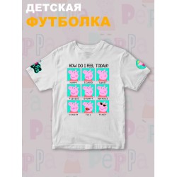 Футболка с героем Свинка Пеппа и прикольной надписью how do i feel today. Футболка детская с принтом Peppa pig для мальчика и девочки. Одежда для детей и подростков стрит стайл кежуал.