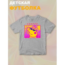 Футболка с героем Свинка Пеппа и прикольной надписью savage. Футболка детская с принтом Peppa pig для мальчика и девочки. Одежда для детей и подростков стрит стайл кежуал.