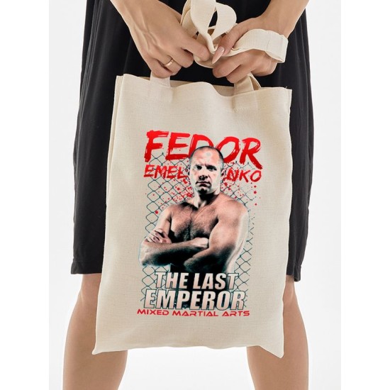 Шоппер Федор Емельяненко mma для спорта с принтом надписью the last emperor Fedor Emelianenko бежевый, стритстайл сумка для шопинга и покупок тканевая под спортивный стиль женская и мужская кэжуал.