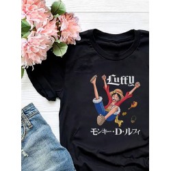Футболка луффи ван пис и аниме One piece Luffy с принтом retro anime aesthetic эстетика в стиле ретро с японскими иероглифами, черная женская и мужская прикольная андеграунд одежда кэжуал casual y2k.