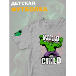 Футболка с героем Халк и прикольной надписью wild child. Футболка детская с принтом Hulk из Marvel comics для мальчика и девочки. Одежда для детей и подростков стрит стайл кежуал.
