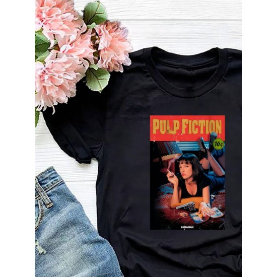 Футболка криминальное чтиво pulp fiction y2k style с принтом 90 s vibe в стиле 90 х aesthetic мода образ 90х ретро эстетика, черная женская и мужская стрит стайл прикольная андеграунд одежда кэжуал.