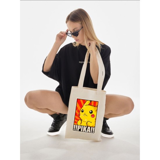 Шоппер Пикачу покемон Pikachu pokemon аниме с принтом retro anime aesthetic эстетика для анимешника отаку бежевый, стритстайл прикольная сумка для шопинга и покупок тканевая женская и мужская кэжуал.