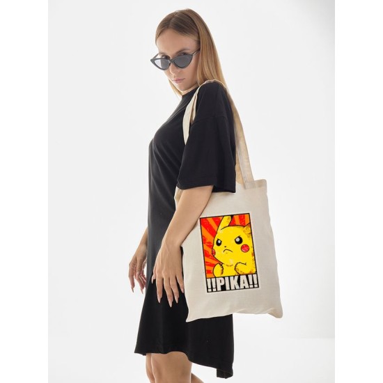 Шоппер Пикачу покемон Pikachu pokemon аниме с принтом retro anime aesthetic эстетика для анимешника отаку бежевый, стритстайл прикольная сумка для шопинга и покупок тканевая женская и мужская кэжуал.