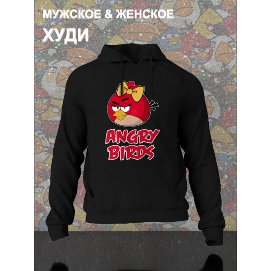 Худи парное для двоих влюбленных на свадьбу "Angry birds, злые птицы" черное женское. Худи с принтом "Энгри Бердз, красная птичка" для пар и для молодоженов.
