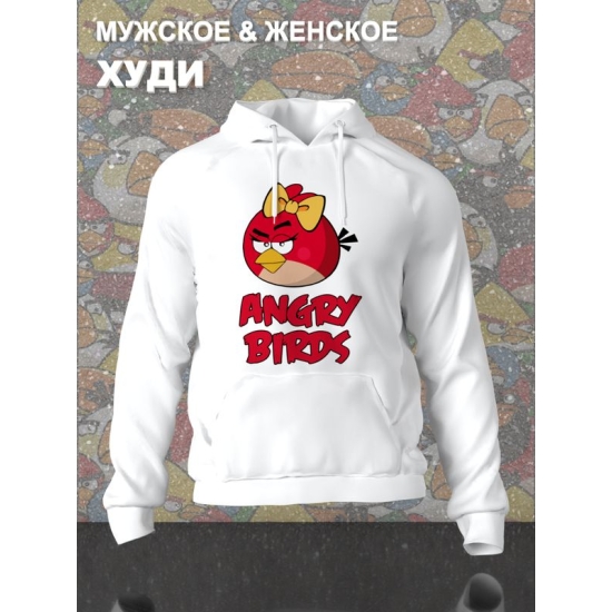 Худи парное для двоих влюбленных на свадьбу "Angry birds, злые птицы" белое женское. Худи с принтом "Энгри Бердз, красная птичка" для пар и для молодоженов.