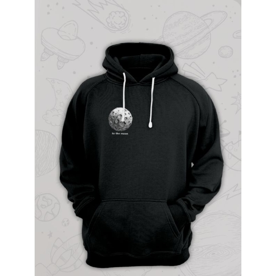 Худи парное для влюбленных на День святого Валентина с прикольной надписью "To the moon and back" черное женское. Худи с принтом Луна для пар и молодоженов на 14 февраля кэжуал.