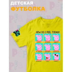 Футболка с героем Свинка Пеппа и прикольной надписью how do i feel today. Футболка детская с принтом Peppa pig для мальчика и девочки. Одежда для детей и подростков стрит стайл кежуал.