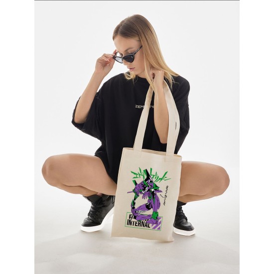 Шоппер с принтом из мультсериала Евангелион. Тканевая сумка Evangelion Eva 01 в стиле street style для молодежи.