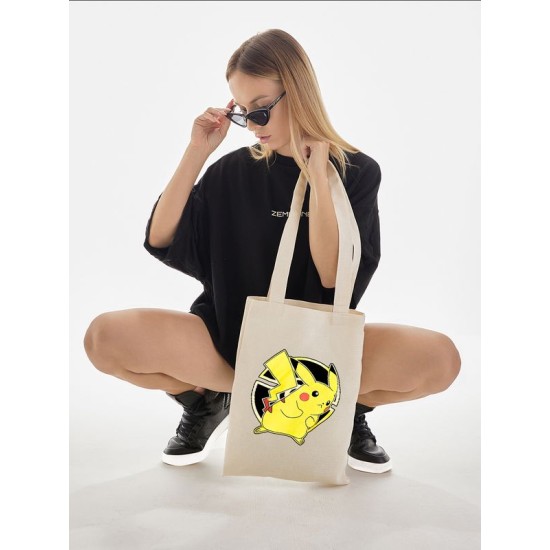Шоппер пикачу покемон покебол аниме Pokemon Pikachu с принтом pokeball anime merch style kawaii kawai бежевый, стритстайл сумка для шопинга и покупок тканевая женская мужская кэжуал casual y2k style.