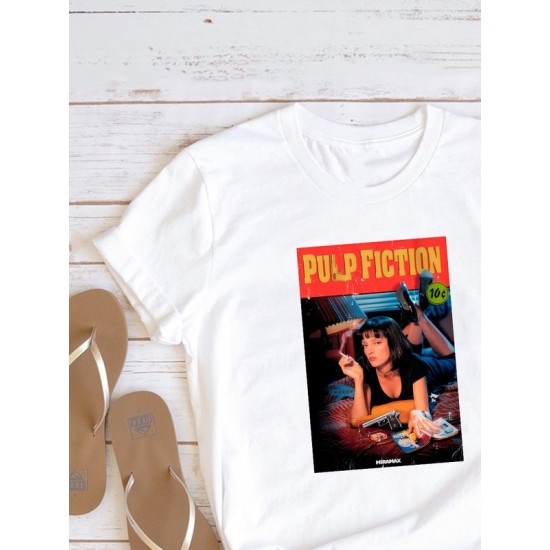 Футболка криминальное чтиво pulp fiction y2k style с принтом 90 s vibe в стиле 90 х aesthetic мода образ 90х ретро эстетика, белая женская и мужская стрит стайл прикольная андеграунд одежда кэжуал.