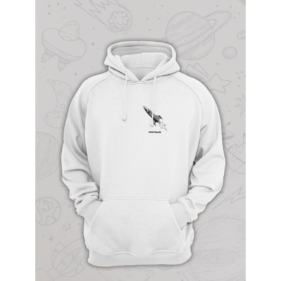 Худи парное для влюбленных на День святого Валентина с прикольной надписью "To the moon and back" белое мужское. Худи с принтом Ракета для пар и молодоженов на 14 февраля кэжуал.