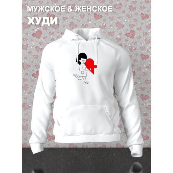 Худи парное на День святого Валентина белое женское. Худи с принтом "Влюбленная девушка и красное сердечко" для пар и молодоженов на 14 февраля, аниме в стиле чиби.