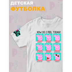 Футболка с героем Свинка Пеппа и прикольной надписью how do i feel today. Футболка детская с принтом Peppa pig для мальчика и девочки. Одежда для детей и подростков стрит стайл кежуал.