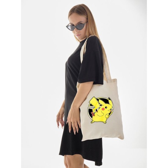 Шоппер пикачу покемон покебол аниме Pokemon Pikachu с принтом pokeball anime merch style kawaii kawai бежевый, стритстайл сумка для шопинга и покупок тканевая женская мужская кэжуал casual y2k style.
