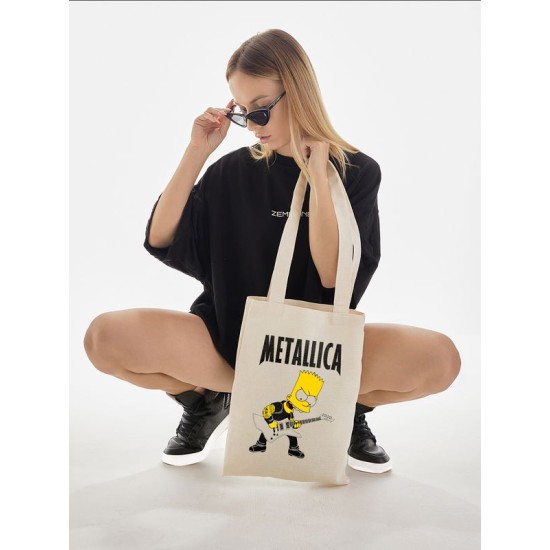 Шоппер Металлика и Барт Симпсон Simpsons Metallica с принтом металика рок мерч rock симпсоны прикол Bart Simpson симсоны бежевый, рокерская сумка для шопинга и покупок тканевая женская мужская кэжуал.