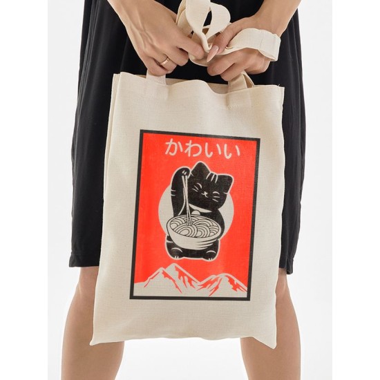 Шоппер с аниме котом и котик эстетика с принтом надписью kawaii anime cat kitty retro vintage Japan aesthetic Japanese style каваи бежевый, y2k сумка для шопинга и покупок тканевая женская и мужская.