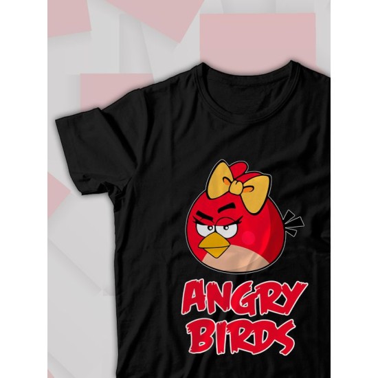 Парная футболка для двоих влюбленных на свадьбу "Angry birds" черная женская. Футболка с принтом для пар и для молодоженов.