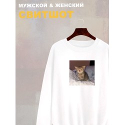 Свитшот с принтом Котенок оверсайз белый. Свитшот унисекс с прикольным рисунком Сонный кот в стиле кэжуал.
