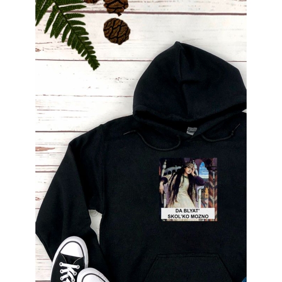 Худи с принтом Царевна Несмеяна оверсайз черное. Худи унисекс с картиной Васнецова в стиле кэжуал.