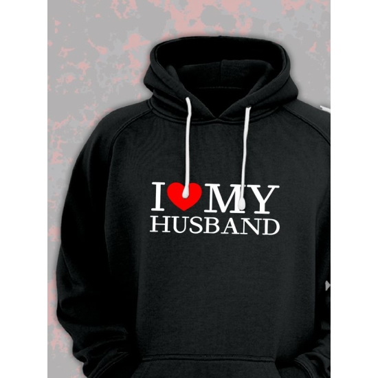 Худи парное для двоих влюбленных на свадьбу "I love my husband" черное женское. Худи с принтом "Я люблю своего мужа" для пар и для молодоженов.