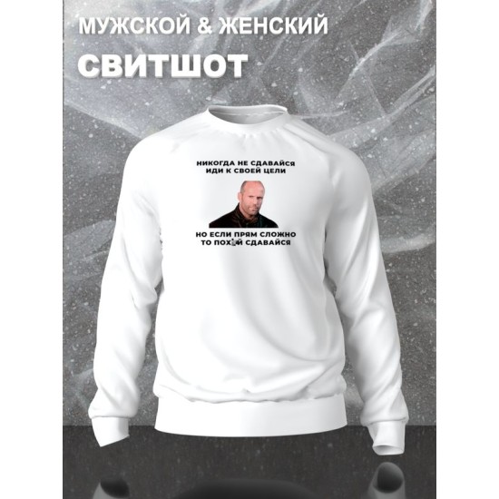 Свитшот с принтом Стетхем и прикольной надписью "Никогда не сдавайся, иди к своей цели" оверсайз белый. Свитшот унисекс с фото Jason Statham street style.
