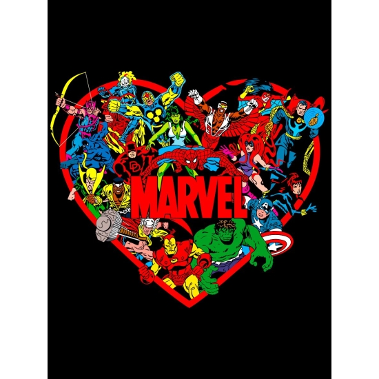 Худи с принтом Персонажи Марвел на День Валентина оверсайз черное. Худи унисекс с картинкой сердце и надписью Marvel в стиле кэжуал для молодежи.