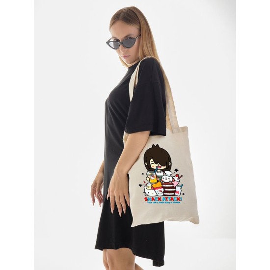 Сумка шоппер с принтом Toca Boca and Hello Kitty и прикольной надписью snack attack. Детский шоппер Тока Бока и Хеллоу Китти для мальчика и девочки. Тканевая сумка подростковая на плечо кежуал.