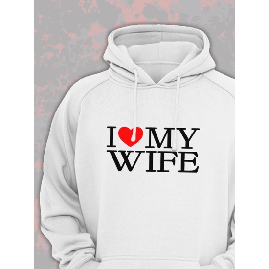 Худи парное для двоих влюбленных на свадьбу "I love my wife" белое мужское. Худи с принтом "Я люблю свою жену" для пар и для молодоженов.