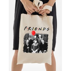 Шоппер с принтом Персонажи из страшного кино и надписью Friends бежевый. Шоппер с героями ужастиков для фанатов horror movies street style.