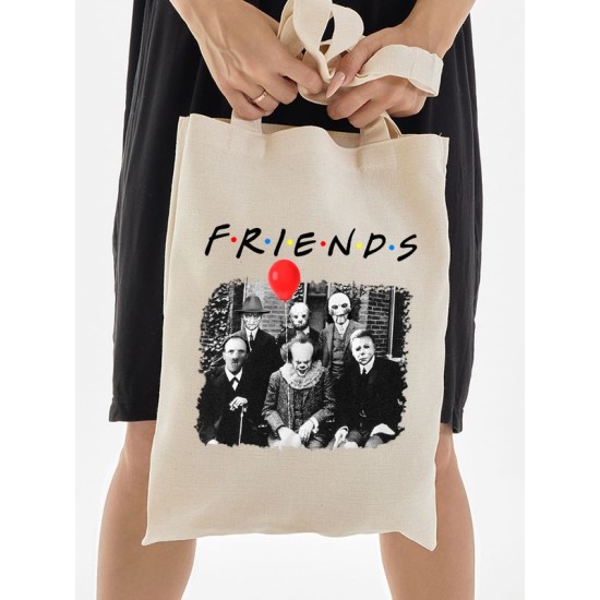 Шоппер с принтом Персонажи из страшного кино и надписью Friends бежевый. Шоппер с героями ужастиков для фанатов horror movies street style.
