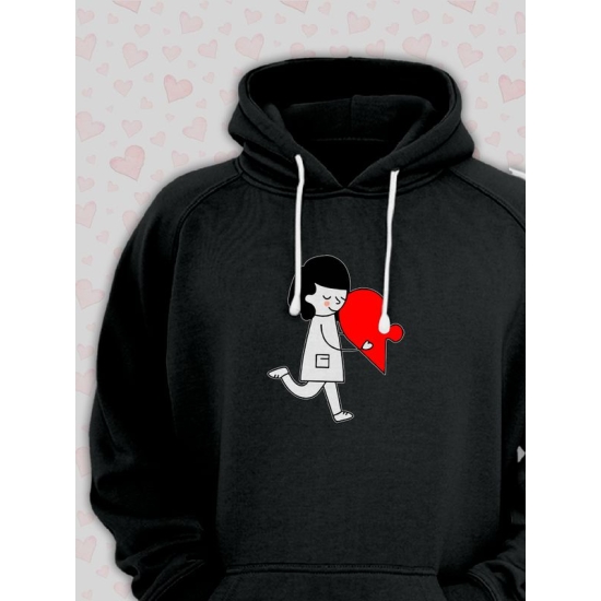Худи парное на День святого Валентина черное женское. Худи с принтом "Влюбленная девушка и красное сердечко" для пар и молодоженов на 14 февраля, аниме в стиле чиби.