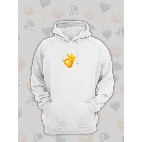 Худи парное для влюбленных на День святого Валентина белое мужское. Худи с принтом "Эмодзи ок" для пар и молодоженов на 14 февраля кэжуал.