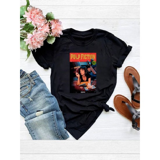 Футболка криминальное чтиво pulp fiction y2k style с принтом 90 s vibe в стиле 90 х aesthetic мода образ 90х ретро эстетика, черная женская и мужская стрит стайл прикольная андеграунд одежда кэжуал.