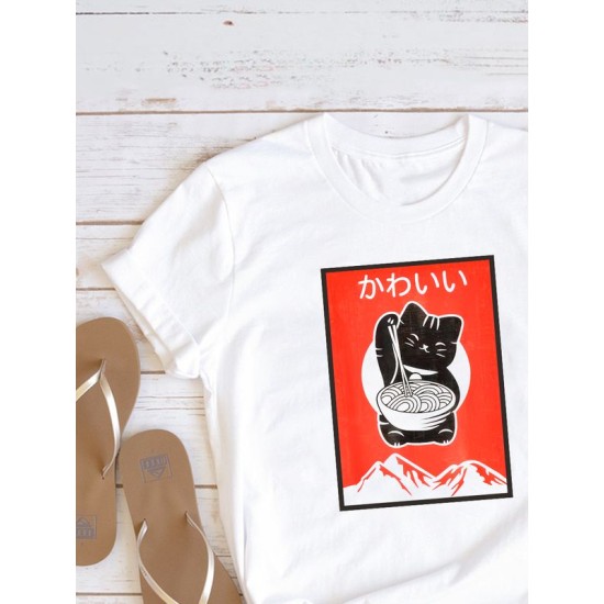 Футболка аниме с котом и каваи с принтом kawai kawaii anime cat kitty retro vintage Japan aesthetic Japanese style котик с японскими иероглифами, белая женская и мужская прикольная y2k одежда кэжуал.