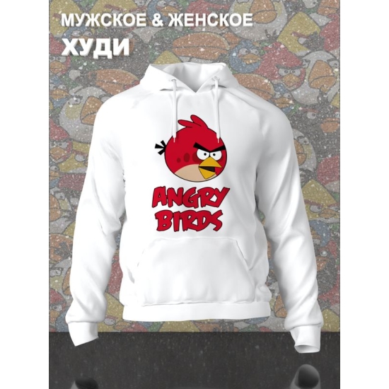 Худи парное для двоих влюбленных на свадьбу "Angry birds, злые птицы" белое мужское. Худи с принтом "Энгри Бердз, красная птичка" для пар и для молодоженов.