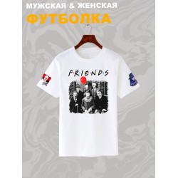 Футболка с принтом Персонажи из страшного кино и надписью Friends оверсайз белая. Футболка унисекс с героями ужастиков для фанатов horror movies street style.